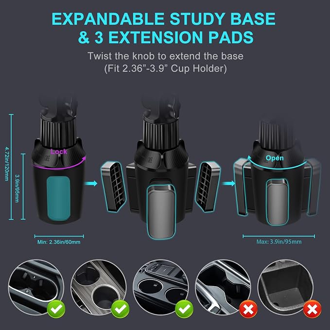 Cup Holder Car Tablet Mount for Truck, 360° Adjustable 15" Long 2-Arm Stand Holder for iPad Pro 12.9/11/10.5/9.7/Air/Mini 6/5/4, Galaxy Tab/Z Fold 6/5/4, iPhone 17/16/Pro, 4.7-12.9" Tab &Phone
