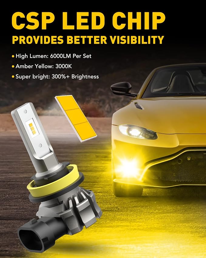 AUXITO H11/H8/H16 LED Fog Light Bulbs or DRL, 6000 Lumens 3000K Amber Yellow Light, 300% Brightness, CSP LED Chips Fog Lamps Replacement for Cars, Play and Plug (Pack of 2)
