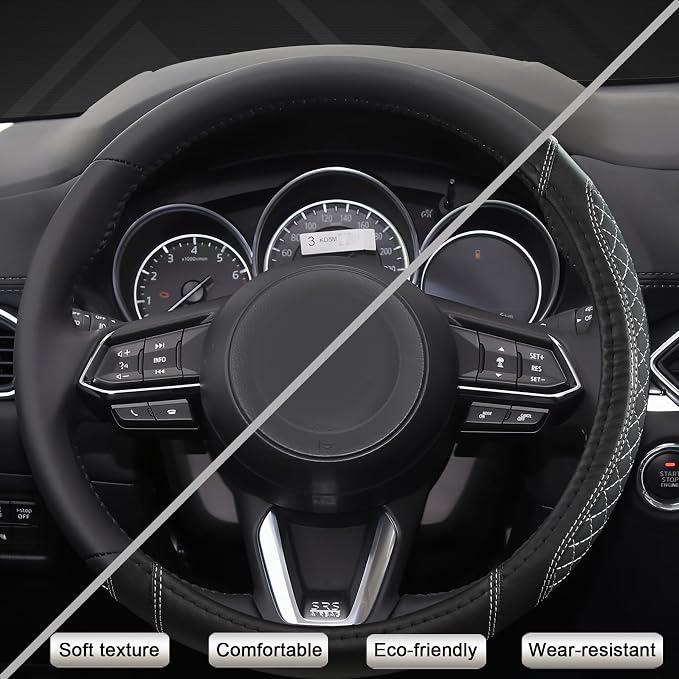 West Llama Car Steering Wheel Cover for Mazda 3,5,6,CX-3,CX-5,CX-30,CX-50,CX9,CX-9,MX-5 Miata,CX-7,RX-8,14.5-15 inches(Diamond Quilted-Black+Gray-Standard Size)