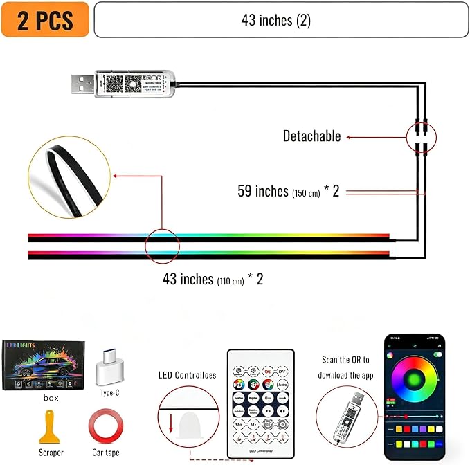 Car Interior Ambient Lighting Kit, Acrylic LED Strip Lights 43.3in 2 in 1, APP & Remote Control, RGB Music Sync Neon Light, USB Powered Flexible Car Lights for Dashboard, Door, Universal Fit