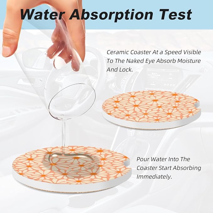 Orange Floral Car Coasters for Cup Holders,2 Pack Car Cup Holder Coasters for Car,Ceramic Absorbent Car Coaster with A Finger Notch and Cork Base,Car Interior Accessories for Women Men