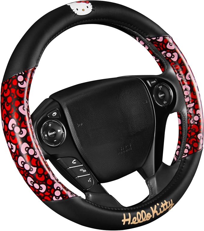 Hello Kitty Steering Wheel Cover, Official Sanrio Car Steering Wheel Cover with Universal Size 14.5-15.5, Cute Black for Women, Hello Kitty Car Accessories (Hello Kitty Bows)