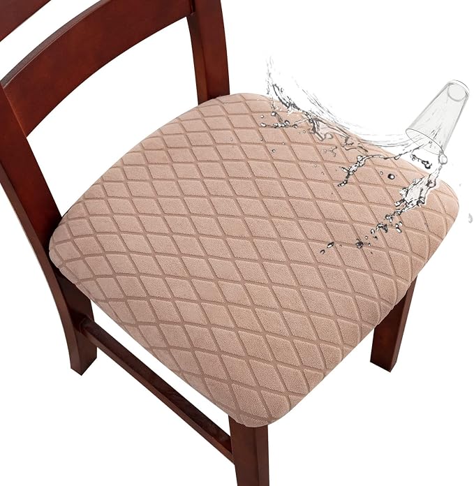 Genina Waterproof Seat Covers for Dining Room Chairs, Stretch Chair Covers Removable Washable Dinning Room Kitchen Chair Seat Cushion Slipcovers (Argyle-Khaki, 2 PCS)
