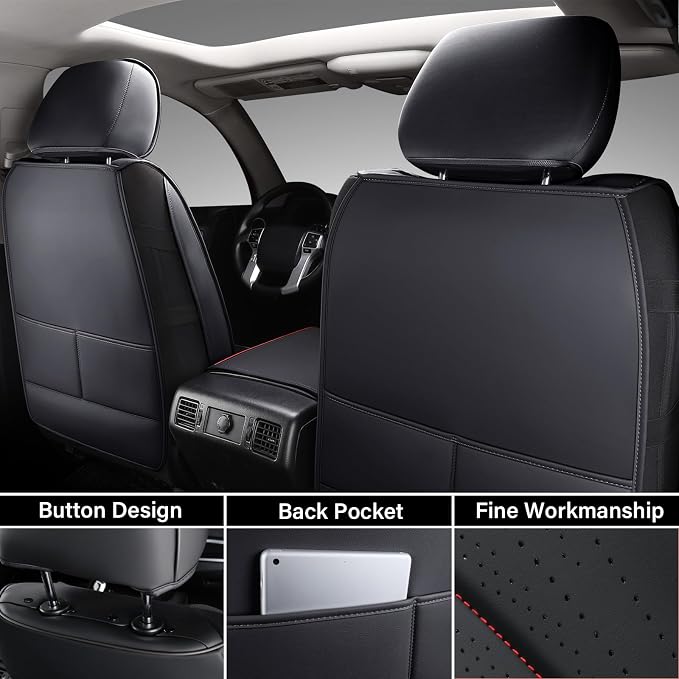 Coverado Toyota Tundra Seat Covers, Leather Car Seat Covers Full Set Automotive Seat Covers Protector Compatible with 2007-2021 Toyota Tundra Crew/Crewmax/Extended/Double Cab(Red)