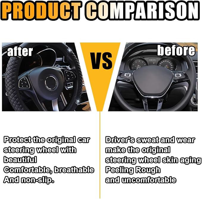 JOYCOURT 15 Inch Bling Soft Leather Car Steering Wheel Cover, Black | Colorful Rhinestones Design, Auto Elastic Protector for Women Girls, Crystal Diamond Car Accessories for Most Cars, SUVs