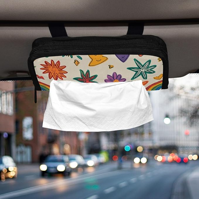 Car Visor Tissue Holder Mask Holder for Car, Car Tissue Box Sun Visor Napkin Holder Car Visor Accessories Adjustable Straps Reusable Durable Easy to Install Beige Doodle Star Heart Rainbow