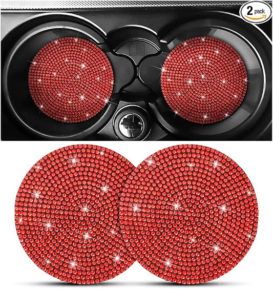 Osilly Bling Car Cup Holder Coaster, 2 Pack Crystal Rhinestone Anti-Slip Insert Coasters, Universal 2.75 Inch Fashion Automotive Cup Mat, Car Interior Accessories Decor Gifts for Women (Red)
