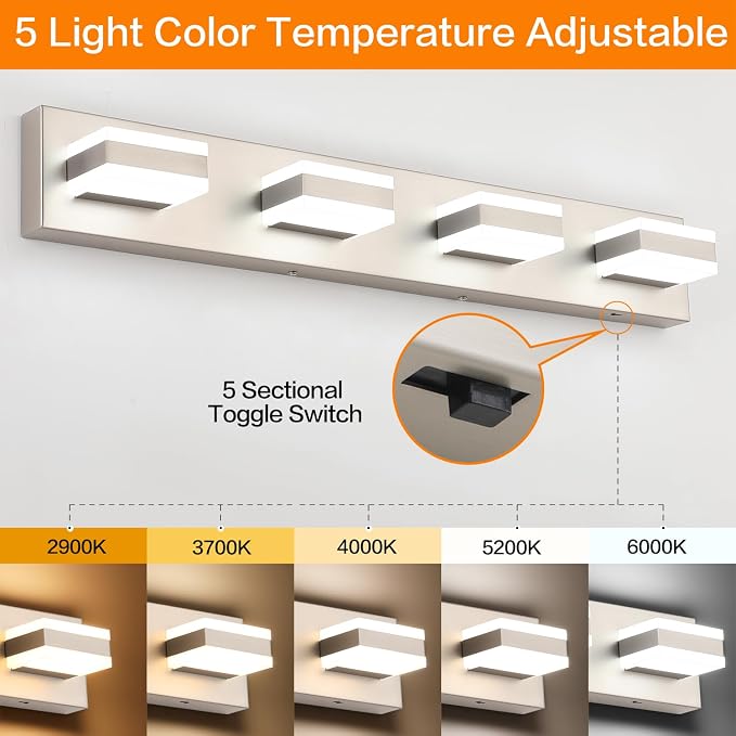 SOLFART Bathroom Light Fixtures Brushed Nickel Vanity Lights for Bathroom Above Mirror, 4 Light Led Lighting Fixture, Nickel Vanity Light,5 Color Temperature Adjustable Light Over Mirror ETL Listed
