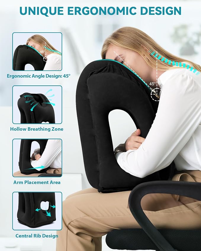 Inflatable Travel Pillow, Airplane Neck Pillow Comfortably Supports Head and Chin for Airplanes, Trains, Cars Office Napping on The Tray Table (Black)