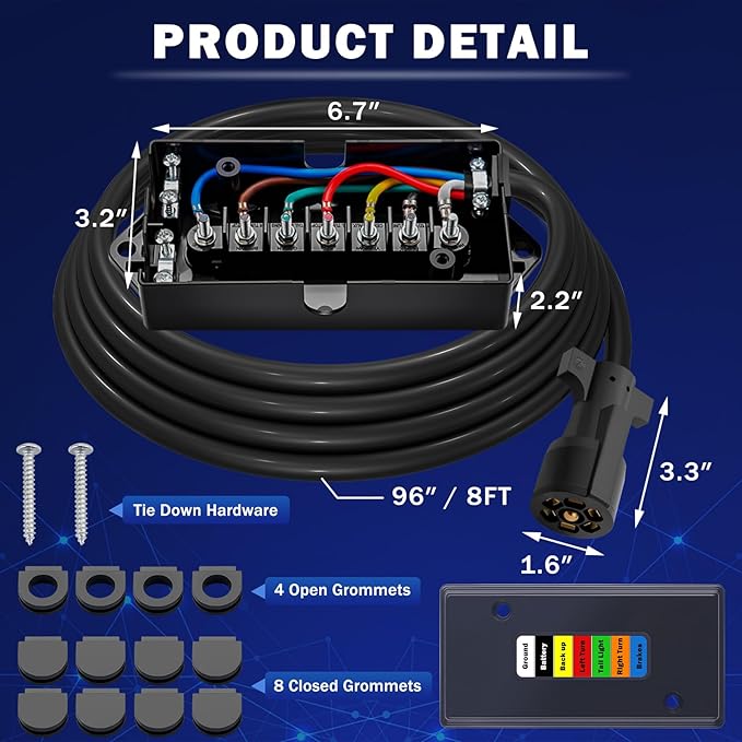 CheeMuii 7 Way Trailer Wiring Harness Kit 8 FT Trailer Cord with 7 Pin Trailer Plug and Junction Box Kit Premium Light and Brake Wiring Wires for Trailer RV