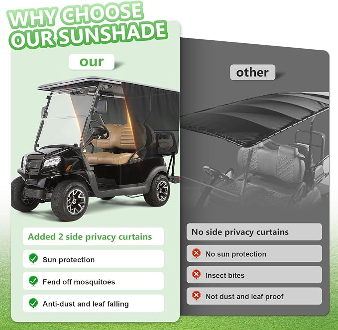 600D Golf Cart Sunshade for Club Car DS, Mesh Sun Enclosure for UV Protection, Heat & Wind Blocker, Cool Mesh