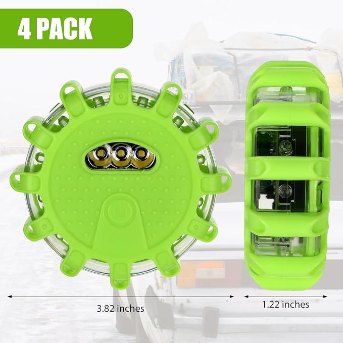 Tallew 4 Pack LED Road Flares Emergency Light Kit 9 Glow Modes Flashing Safety Warning Beacon Magnet Hook Vehicle Boat Truck Disc Magnetic Flash Cars Security Driveway Automotive Strobe(Green)