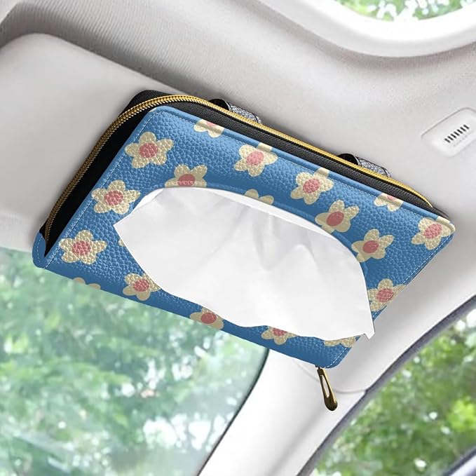 Blue Flower Leather Visor Tissue Holder Car Visor Accessories Adjustable Car Sun Visor Tissue Box Holder Car Decoration for Women Girls
