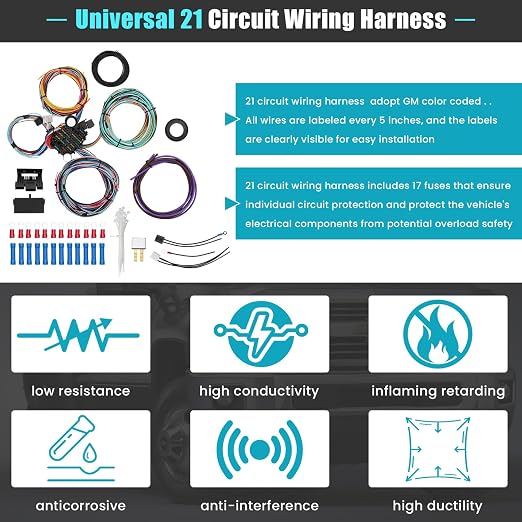 Universal 21 Circuit Wiring Harness Kit Standard Color 17 Fuses | Universal Extra Long Wire 21 Circuit Wiring Harness for GM Chevy Chrysler Dodge Ford Hotrods Plymouth Mopar Mercury Ratrods