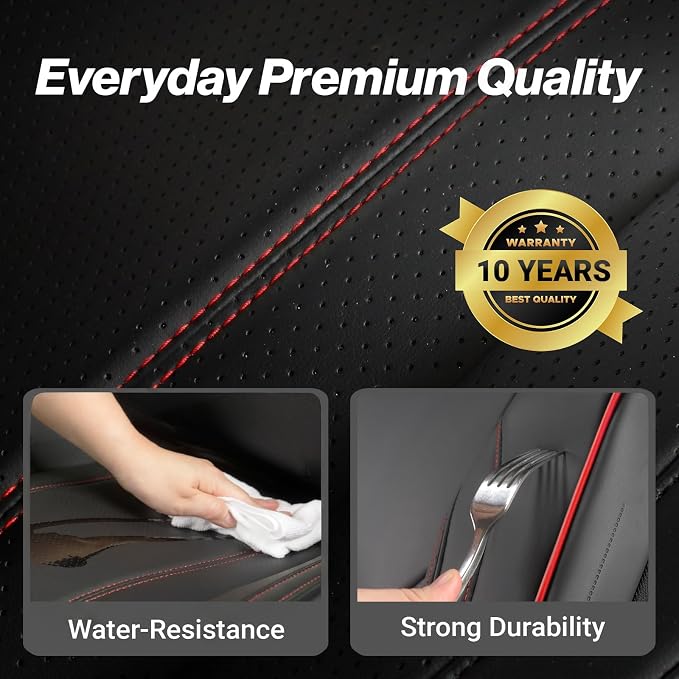 Coverland Custom Truck Car Seat Covers Front Seats for [2020-2026 Jeep Gladiator Crew Cab Split Bench Without Armrest] - Protector Water Resistant Leather [Front - Black with Red Stitching]