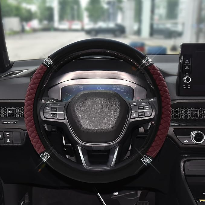 Bling Soft Leather Steering Wheel Cover, 15 Inch Colorful Rhinestones Auto Elastic Steering Wheel Protector for Women Girls, Car Accessories Anti Slip Steering Wheel Cover for Cars, SUVs (Wine red)