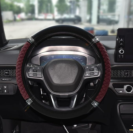 Bling Soft Leather Steering Wheel Cover, 15 Inch Colorful Rhinestones Auto Elastic Steering Wheel Protector for Women Girls, Car Accessories Anti Slip Steering Wheel Cover for Cars, SUVs (Wine red)