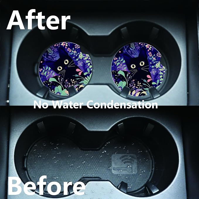 2pcs Cute Black Cat Car Coasters,Absorbent Universal neoprener Cup Holder Coasters with a Finger Notch,Car Accessories for Women&Man Interior，2.75" 1