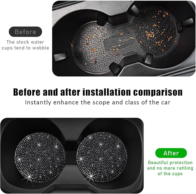 Ziciner 2PCS Bling Car Cup Holder Coaster, 2.73 Inch Anti-Slip Cup Insert Coasters, Crystal Rhinestone Auto Drink Cup Mat, Universal Interior Decor Car Accessories for Women Girls (Black)