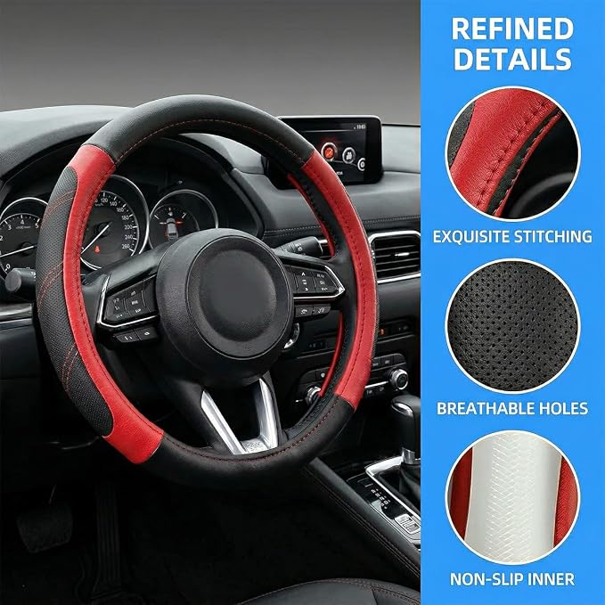 Osilly Car Steering Wheel Cover, 14.5-15" Leather Breathable Anti-Slip Stylish Steering Wheel Protector, Comfortable Auto Interior Decoration Accessories, Universal for SUV Van Truck (Black Red)