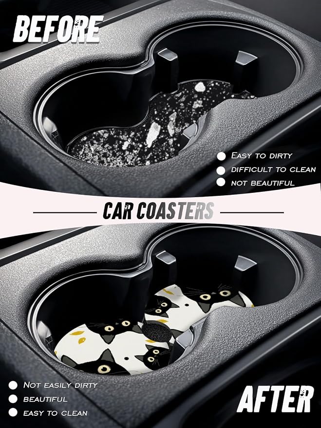 Car Cup Coasters,2 Pack Car Coaster,2.75inch Anti Slip and Absorbent Cars Coasters for Cup Holders,Car Accessories for Women,Cute Decor for Women (Three Black Cats)