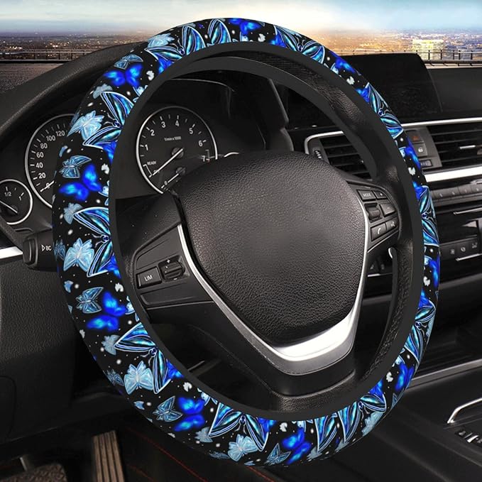 Sparkle Blue Butterfly Steering Wheel Cover for Women Men Girls Car Accessories Decor Anti-Slip Neoprene Auto Steering Wheel Covers Protector Universal 15 Inch