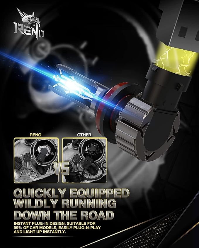 RENO H11 9005 Bulb Combo, H9 H8 HB3 H11+9005 Fog Bulbs off-Road Use or Fog Lights, 6500k White 48000LM Non-Polarity Plug and Play, Pack of 4