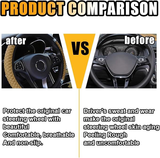 JOYCOURT 15 Inch Bling Soft Leather Car Steering Wheel Cover, Beige | Colorful Rhinestones Design, Auto Elastic Protector for Women Girls, Crystal Diamond Car Accessories for Most Cars, SUVs