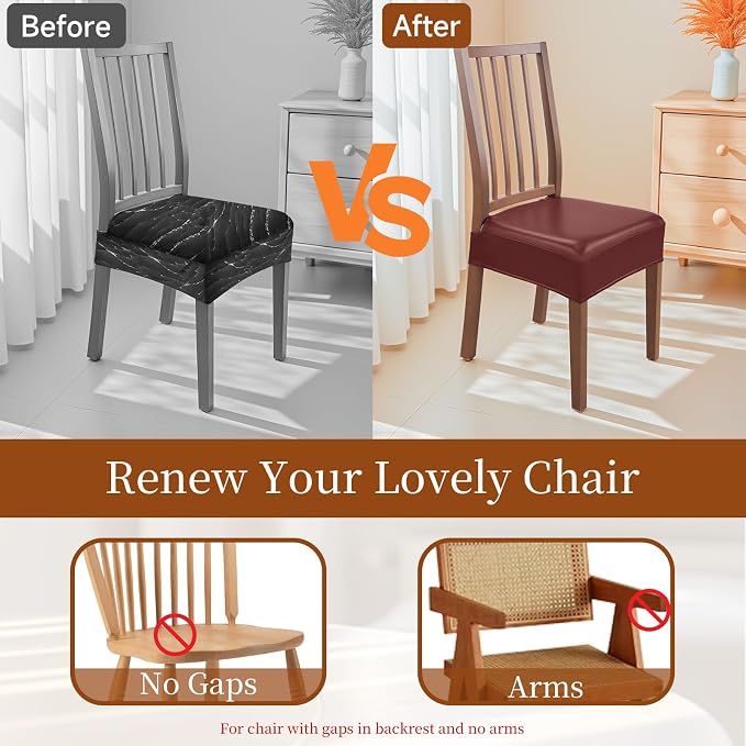 Waterproof Dining Chair Seat Covers Leather Kitchen Seat Covers, Stain Resistant Stretch Chair Seat Covers for Dining Room Chairs Set of 6, Rear Covered Washable Dining Chair Covers Wine Red