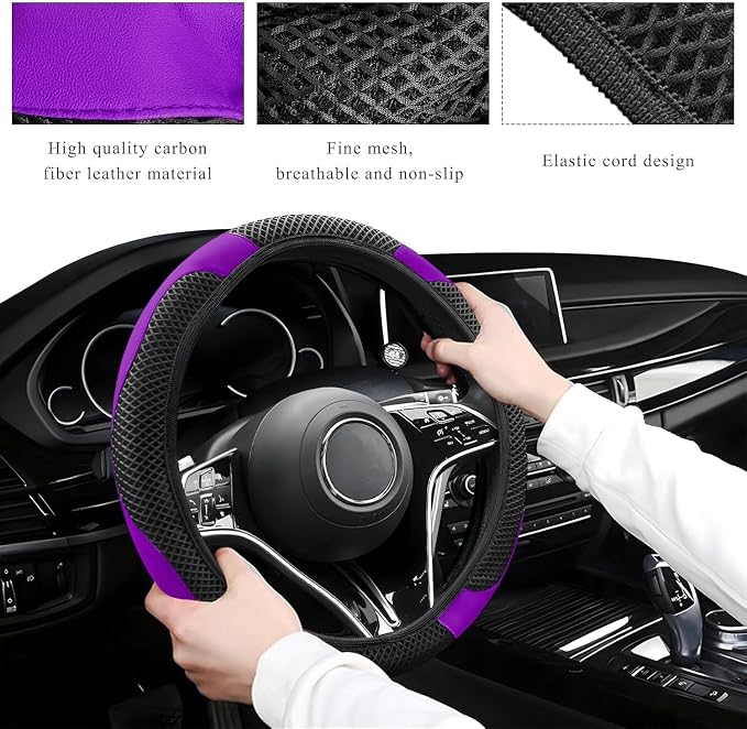 Elastic Stretch Steering Wheel Cover, Warm in Winter and Cool in Summer, Universal 15 inch Microfiber Breathable Ice Silk Anti Slip Car Interior Accessories, Odorless, (Black Purple)