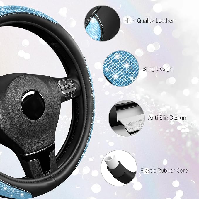 Road Comforts Pixel Glitter Steering Wheel Cover, 14.5–15 Inch Leather Steering Wheels Snug Fit, Anti-Slip Leather Grip, Elegant Sparkle Design, Universal Fit - Light Blue