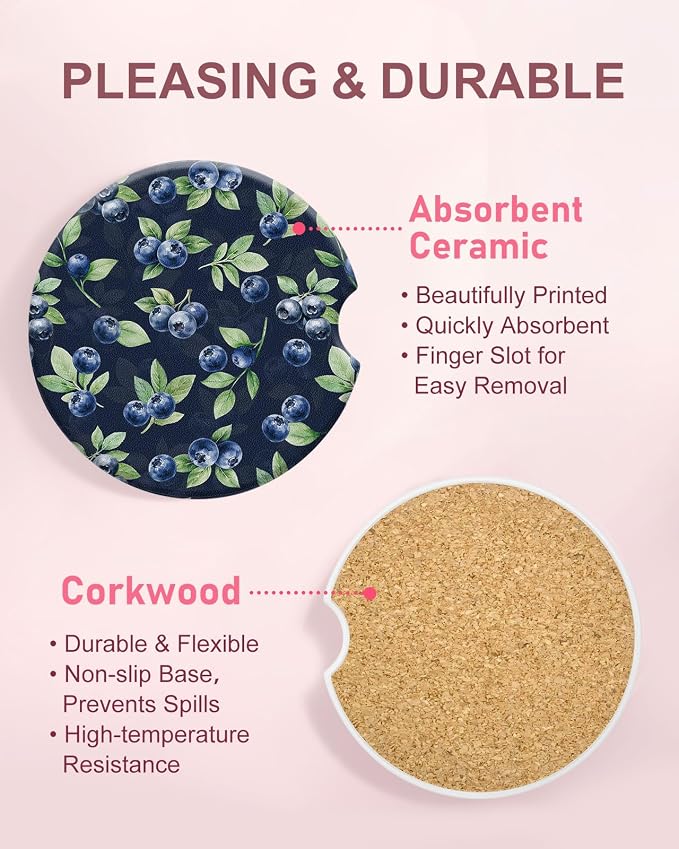 Swooflia Car Coasters for Women - Blueberry Ceramic Car Cupholder Coaster Absorbent Mat Coaster with Cork Base 2 Pack 2.55 inch Automotive Cup Holder Accessories New Driver Gifts for Decor
