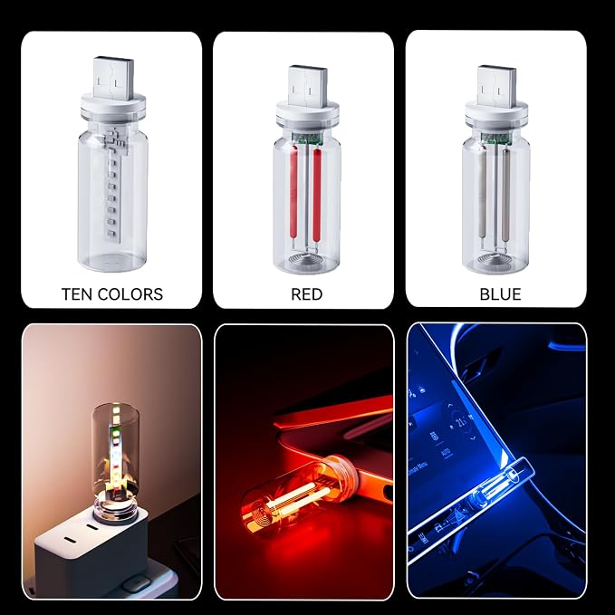 4 PCS USB Night Light Bulb,Touch Dimmable Retro Car Interior Ambient Light | Portable Glass Bottle Design Chubby Glow LED Light for Car, Truck, Bedroom, 2 RGB and 1 Red 1 Blue Lighting