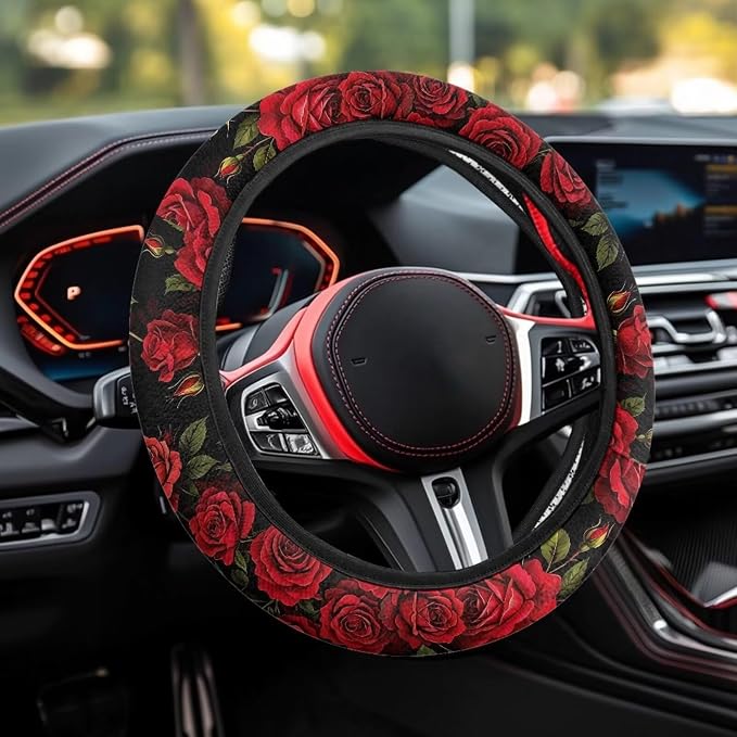AFPANQZ 14-15 in Car Steering Wheel Cover Stretch-on Comfortable Grip | Universal Fit Most Car Sedans SUVs, Red Rose Print, Breathable Steering Wheel Protector