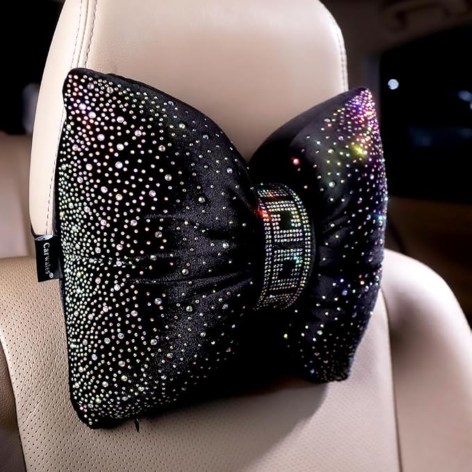 Carwales Bow Neck Support Pillow for Driving Seat Travel Head Rest Sparkly Bling Car Accessories Sparkly Rhinestone Headrest Black 2pcs for Women Men