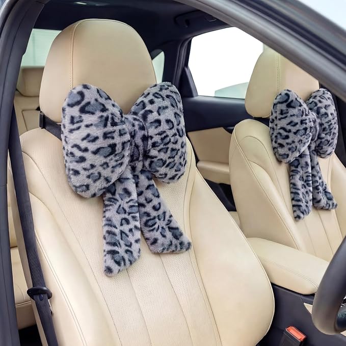 Macarrie 2 Pcs Car Neck Pillow Plush Butterfly Bow Car Headrest Pillow Comfortable Seat Neck Support Cute Head Rest Accessories for Driving Travel Driver Chair Girl Interior Decor(Blue,Leopard)