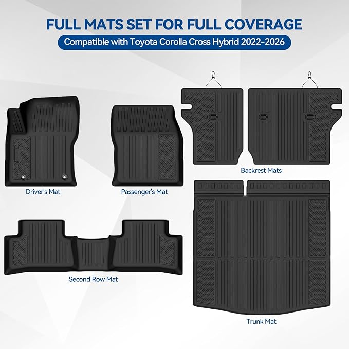 Custom Fit Floor Mats for Toyota Corolla Cross Hybrid 2022-2026 | All Weather TPE Floor Liners with Trunk Mat & Backrest Protectors | Odorless Full Set Interior Accessories
