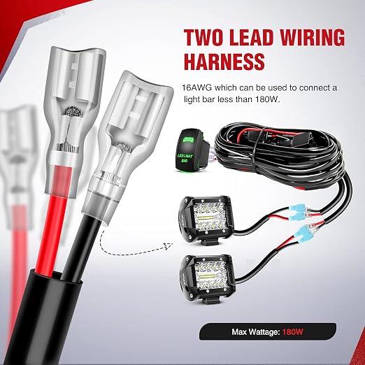 Nilight 16AWG LED Light Bar Wiring Harness Kit 2 Leads 12V On/Off 5 Pin Rocker Switch Power Relay Blade Fuse for Jeep Boat Trucks