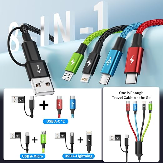 4 in 2 Multi Charging Cable, 3 Pack 5FT Charging Cord for Multiple Devices | USB C Charging Cable with Dual Type-C, IP & Micro Ports, Nylon Braided Multi Device Charger Cord for Travel and Car