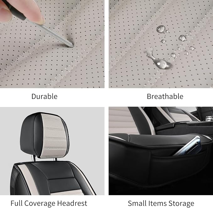 HChengkikz Front Car Seat Cover, Faux Leather, Waterproof (Black + White) | Breathable, Airbag Compatible, Easy Maintenance, Universal Fit for Most Sedans SUVs Pick-ups Trucks