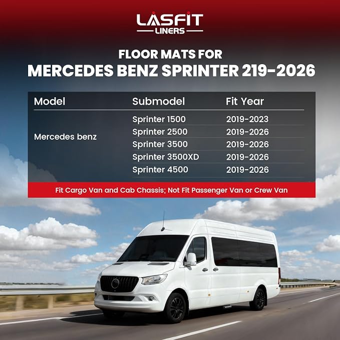 LASFIT Floor Mats for Mercedes Benz Sprinter 1500/2500/3500/4500 2019-2026 | LASFIT Car Mats for Sprinter 2019-2026( Fit Cargo Van & Cab Chassis), All Weather TPE Non-Slip, 1st Row with Aisle Liner