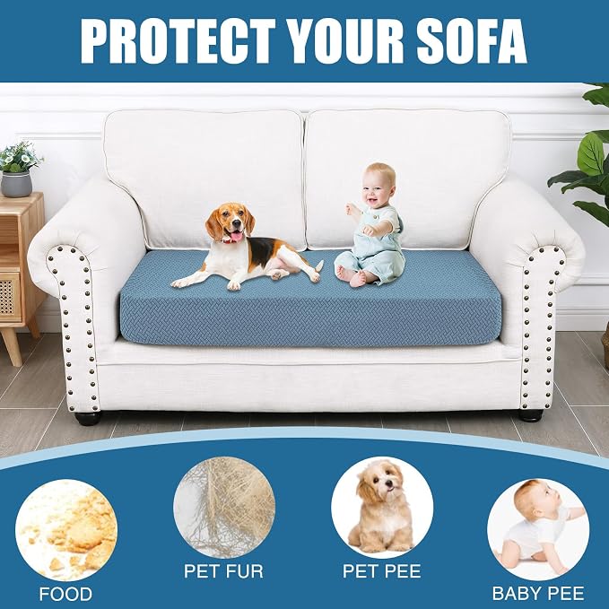 Smiry Waterproof Couch Cushion Covers, Stretch Jacquard Thick Sofa Cushion Covers, Washable Seat Slipcover Elastic Furniture Protector for Pets, Kid (Medium, Blue)