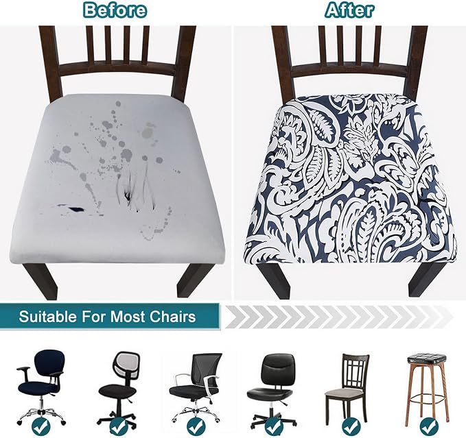 SearchI Seat Covers for Dining Room Chairs Stretch Printed Chair Seat Covers Set of 4, Removable Washable Upholstered Chair Seat Protector Cushion Slipcovers for Kitchen, Office(Flowers Pattern9)