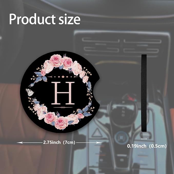2pcs Letter H Car Coasters,Absorbent Universal neoprener Cup Holder Coasters with a Finger Notch,Car Accessories for Women&Man Interior，2.75"