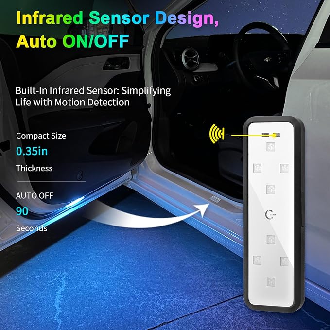CARFIB Car Door Light Projector Wireless 7 Colors LED Welcome Lights Magnetic Sill Interior Courtesy Lighting USB Rechargeable Warning Lamp Vehicle Auto Sensing Decorations 4pcs
