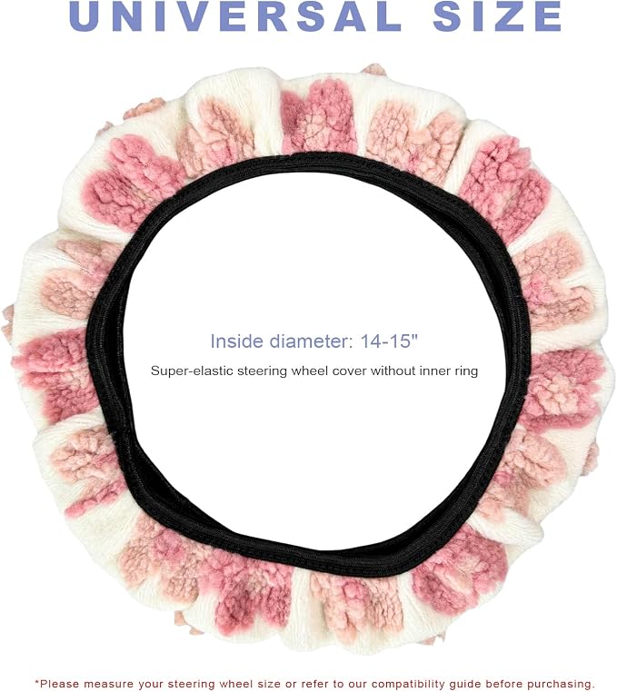 Plush Flowers Steering Wheel Cover, 15 inch Anti-Slip Breathable Steering Wheel Protector Cute Floral Decor, Elastic Soft Wheel Cover Universal Fit for Most Vehicles (Pink)