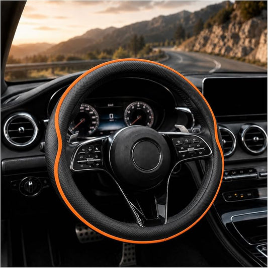 Car Steering Wheel Cover Full Surround - Soft Breathable Anti-Slip Heavyweight Safety Cover, Thick Cushioned Sports Style Universal Fit for Auto Truck SUV (Black/Orange)