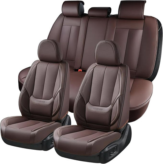 Coverado Car Seat Covers Full Set, Seat Covers for Cars, Car Seat Covers Front Seats and Back, Brown Car Seat Protector Waterproof, Nappa Leather Car Seat Cushion Fit for Most Cars