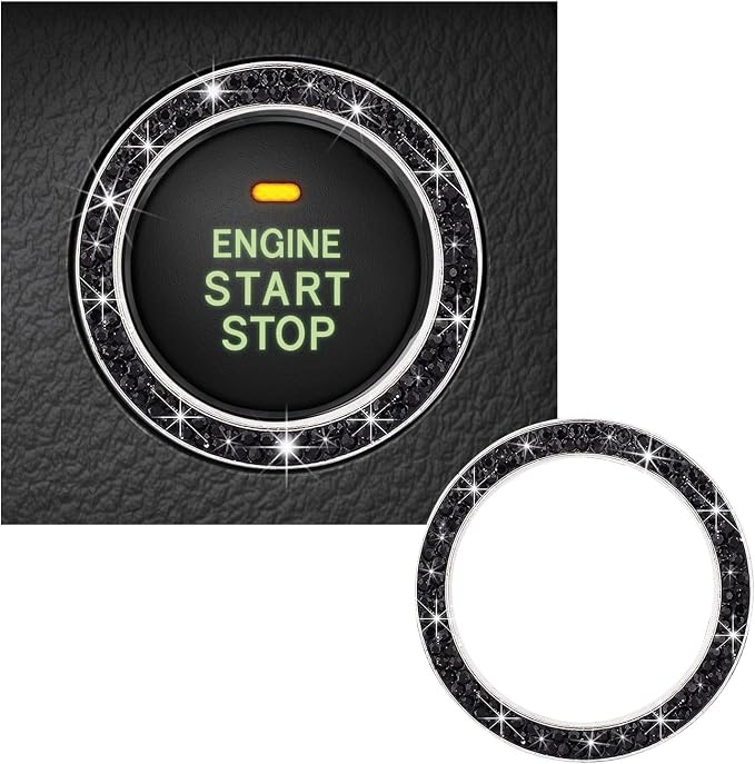 Kewucn Bling Crystal Double Rhinestone Car Engine Start Decoration Ring, Sparkling Push Start Button Sticker, Key Ignition & Knob Ring Decoration, Bling Car Interior Accessory (Black)