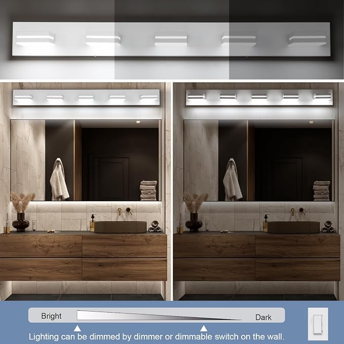 SineRise LED Modern Bathroom Vanity Light Fixtures (5-Light, 40-Inch, Dimmable), Matte White Modern Acrylic Bathroom Wall Lighting Fixtures Over Mirror (Cool White 6000K)